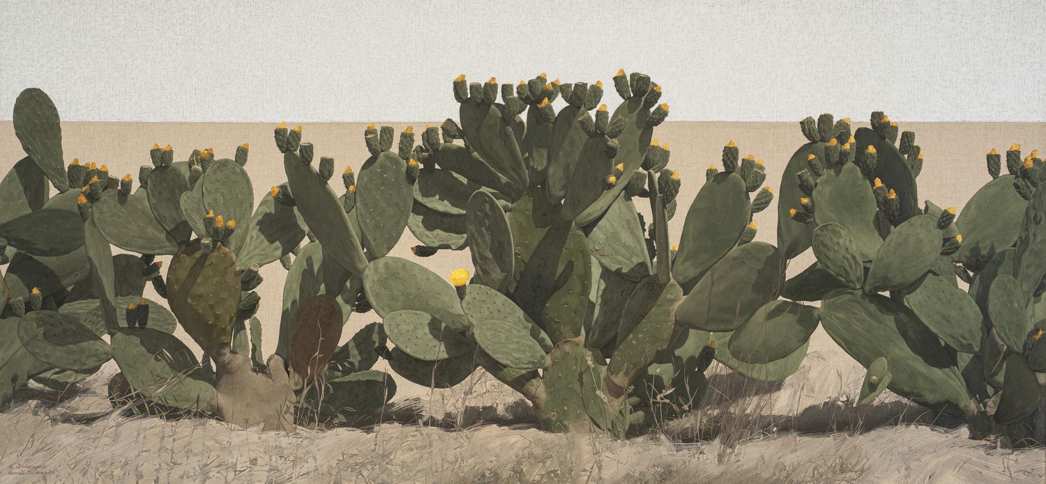Cactus 3, 2021 — Oil and oil bars on clear canvas, 110 × 235 cm.