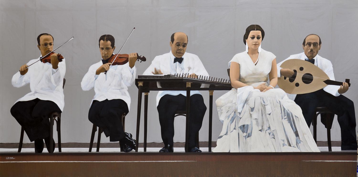 Om Khalthom, 2018 — Oil and oil bars on canvas, 150 × 305 cm.