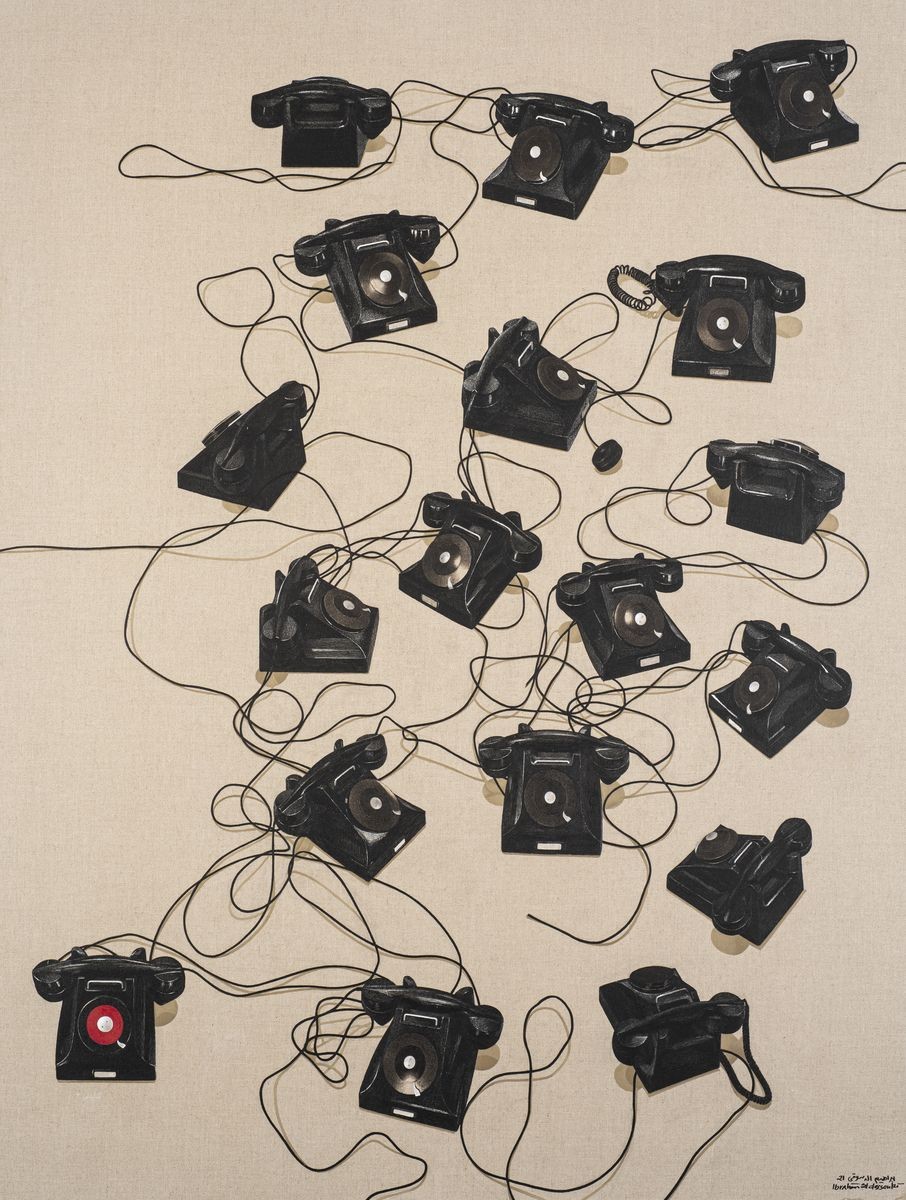 Telephones 1, 2021 — Oil and oil bars on clear canvas, 185 × 140 cm.